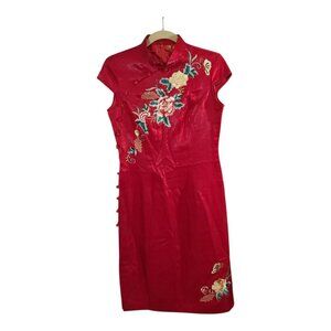 Embroidered Floral Red Satin Chinese Qipao Cheongsam Dress Women's 165 / US 6